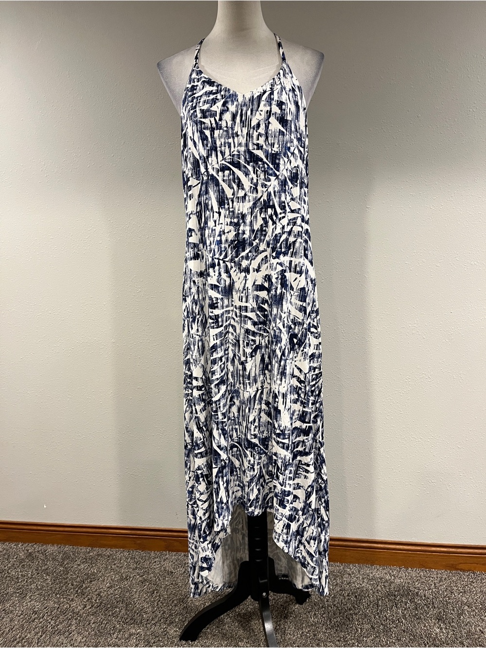 Navy & White Printed Halter High-Low Maxi Dress size large